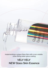 VELY VELY New Glass Skin Essence with a close-up of the packaging on a light gray background.