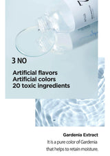 Product packaging with text about ingredients and benefits, set against a light blue water background.