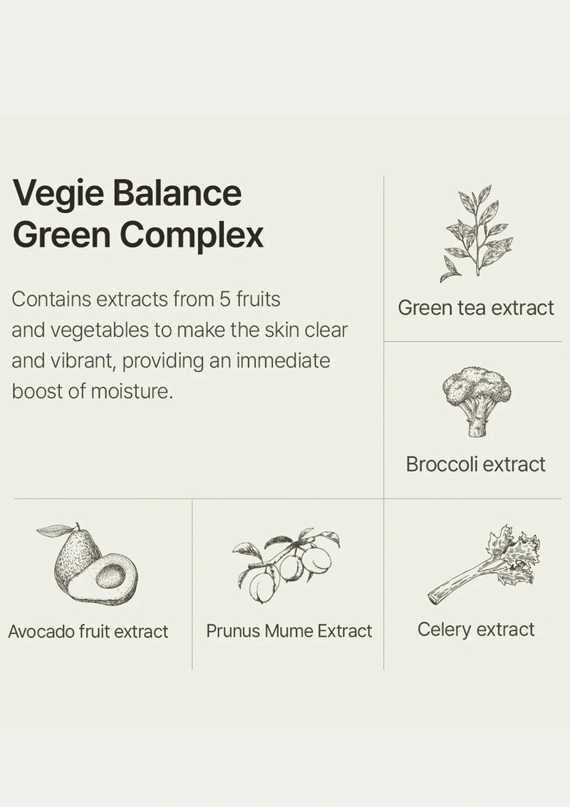 Veggie Balance Green Complex with extracts from fruits and vegetables on a white background