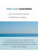 Advertisement for reef-safe sunscreen with a blue ocean background