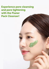 Woman applying a green facial pack with text about Flaner Pack Cleanser on a white background
