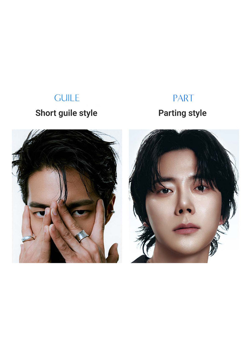 Two hairstyles labeled 'Short guile style' and 'Parting style' with a person modeling each.