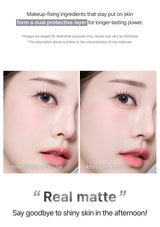 Before and after comparison of a woman's face with makeup application, emphasizing long-lasting power.