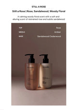 Two bottles of 'Still a Rose' with product description text on a brown background