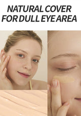 Cosmetic product applied to a person's eye area with text 'Natural Cover for Dull Eye Area'.