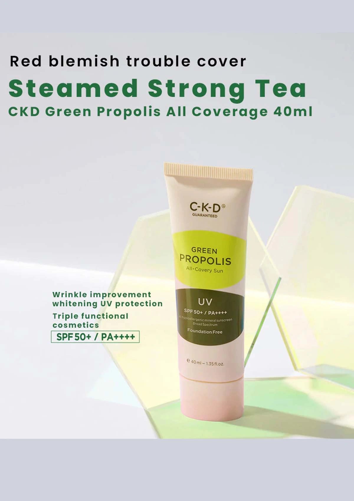 CKD Green Propolis UV protection cream in a 40ml squeeze tube, set against a light gray background with green and white geometric shapes and promotional text.