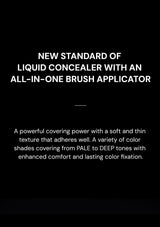 Advertisement for a new liquid concealer with an all-in-one brush applicator on a black background.