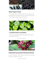 Promotional graphic about black super foods, Centella Asiatica leaf water, and Patented Cynanchum Atratum Extract.