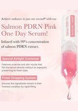 Salmon PDRN Pink One Day Serum packaging with text on a pink background
