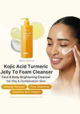 A promotional ad for meitocho Kojic Acid Turmeric Jelly To Foam Cleanser, showing a bottle of the yellow cleanser alongside a woman applying cream to her face against a light beige background.