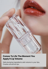 Lip balm with text about lip volume and plumping ingredients.