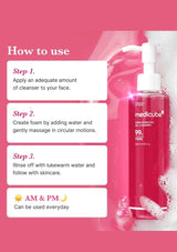 Medicube cleanser bottle with usage instructions on a pink background