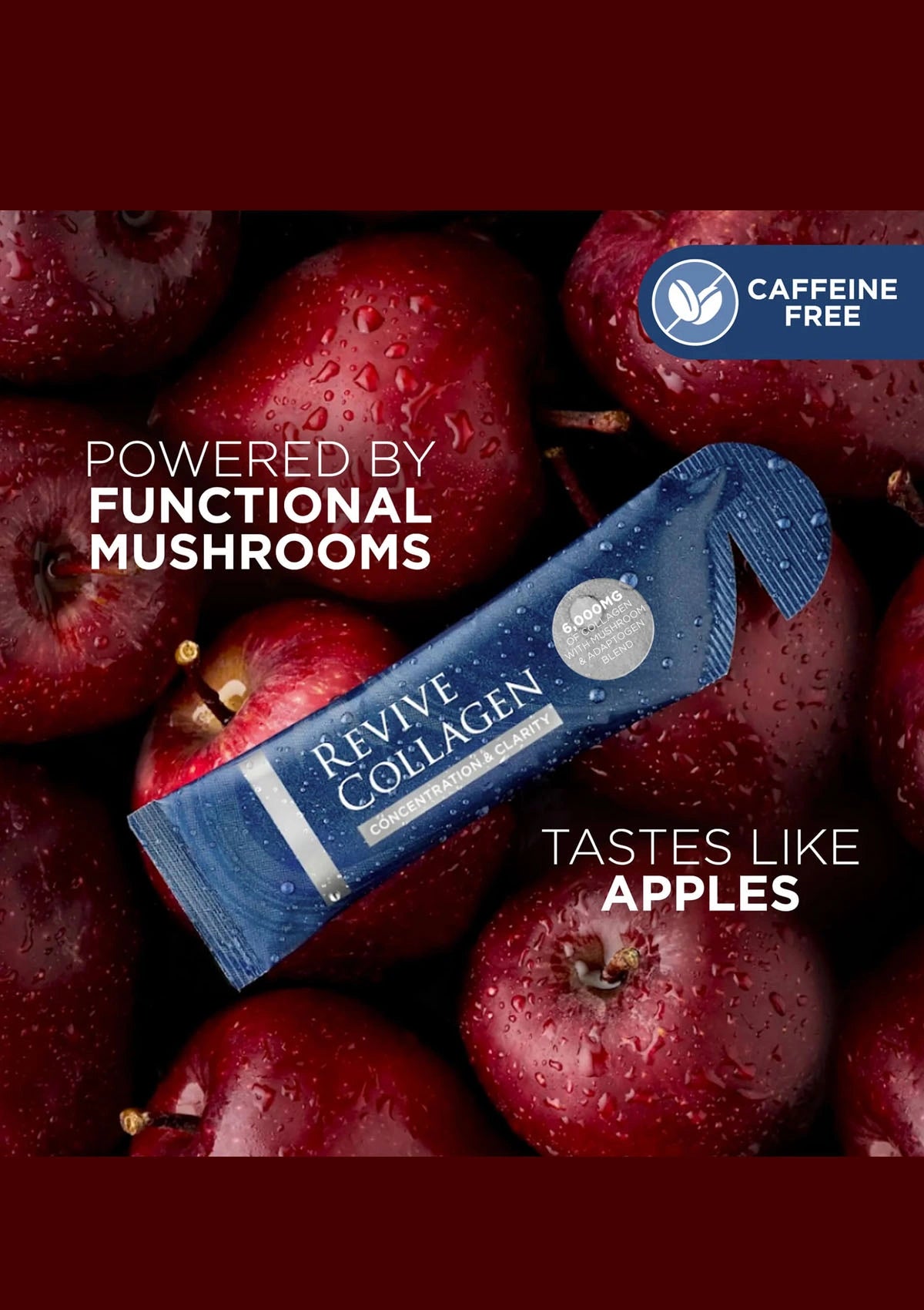 Revive Collagen bar surrounded by red apples with a caffeine-free label.