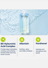 Torriden cleansing water bottle with product benefits listed on a light blue background