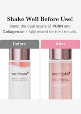 Medicube PORN PINK COLLAGEN GLOW JELLY MIST SERUM shown in a before-and-after comparison. The left 'Before' section shows the clear bottle with a pink layer on top, and the right 'After' section shows the pink collagen gel fully mixed throughout the clear bottle.