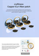 Copper fiber patch packaging with text on a light blue background