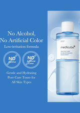 Medicube toner bottle with blue background and text highlighting features.