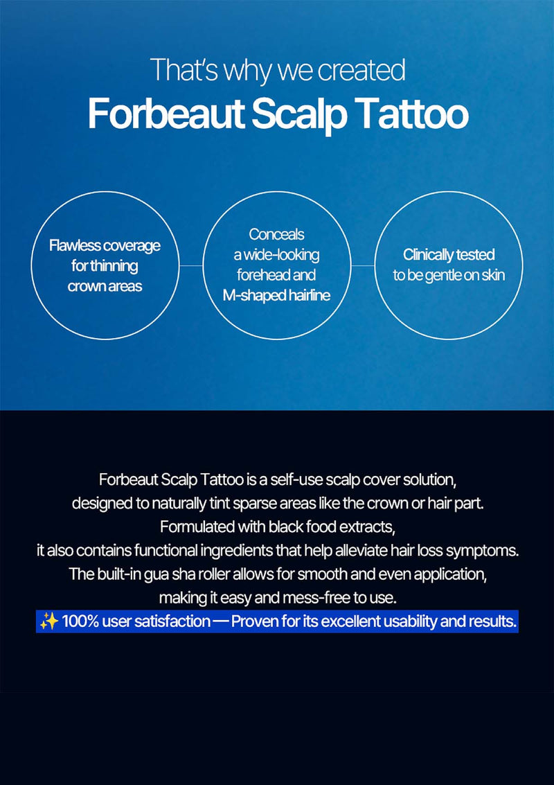 Advertisement for Forbeaut Scalp Tattoo on a blue background with text and icons.