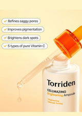 Torriden Cellmazing Brightening Ampoule with dropper on a yellow background