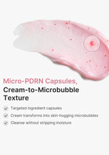 A pink cream swatch with visible microbubbles and text reading 'Micro-PDRN Capsules, Cream-to-Microbubble Texture' plus bullet points about targeted capsules and cleansing benefits on a light gray background.