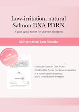 Product packaging for Medicube Salmon DNA PDRN Pink Peptide Toner with skin irritation test results on a pink background.