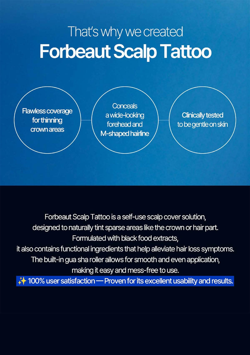 Advertisement for Forbeaut Scalp Tattoo on a blue background with text and graphics.