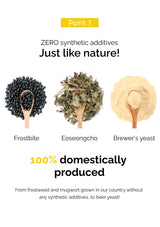 Three wooden spoons with natural ingredients labeled 'Frostbite', 'Eoseongcho', and 'Brewer's yeast' on a white background.