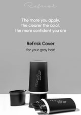 Black hair cover product with text on a gray background