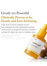 Medicube Kojic Acid Turmeric Capsule Serum bottle with text about its gentle and low-irritating properties.