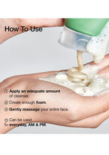 Hand applying cleanser with text on how to use it