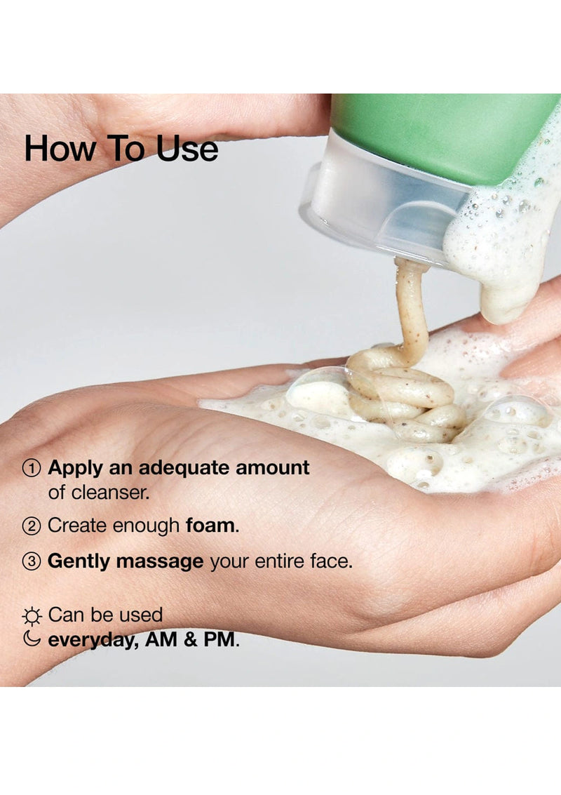 Hand applying cleanser with text on how to use it