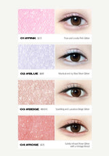 Color swatches of pink, blue, beige, and rose with corresponding glitter effects on eyes.