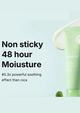 Green skincare product with text on a light blue background