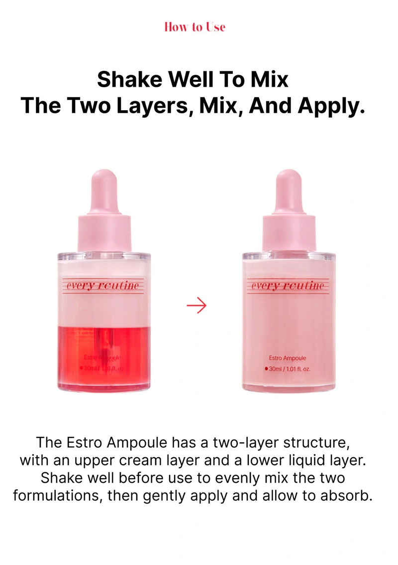 Two bottles of 'every routine' Estro Ampoule with text on how to use them.