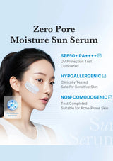 Advertisement for Zero Pore Moisture Sun Serum with a woman's face and product application.