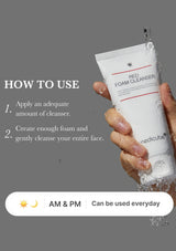 Tube of Red Foam Cleanser with usage instructions on a gray background