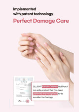 Advertisement for SLLIGHT Keratin Defense Nail Patch with hands and text on a light pink background