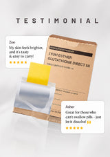 A product testimonial graphic showing a brown cardboard box labeled 'LYUH ESTHER GLUTATHIONE DIRECT 5X' with two customer reviews and star ratings on a light gray background.