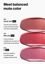 Lipstick swatches with text describing color names and descriptions on a white background