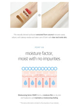 Diagram showing the effects of a naturally derived surfactant on skin with text about moisture factor and skin care benefits.