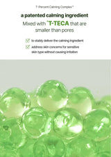 Green beads with text about a patented calming ingredient and T-TECA on a white background