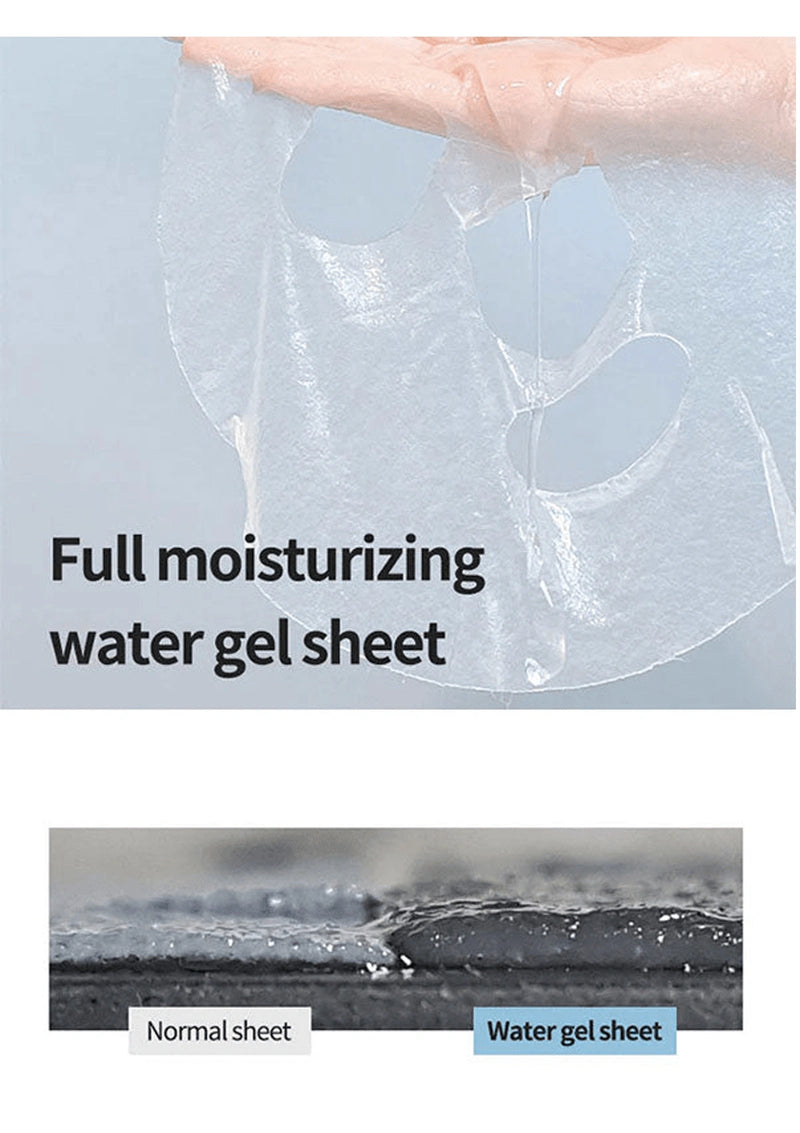 Full moisturizing water gel sheet with text and close-up of material