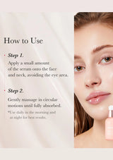Skincare serum application instructions with a close-up of a woman's face.