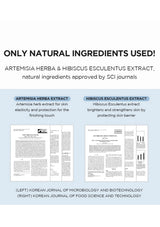 Product label with natural ingredients used, including Artemisia Herba and Hibiscus Esculentus Extract, with references to SCI journals.