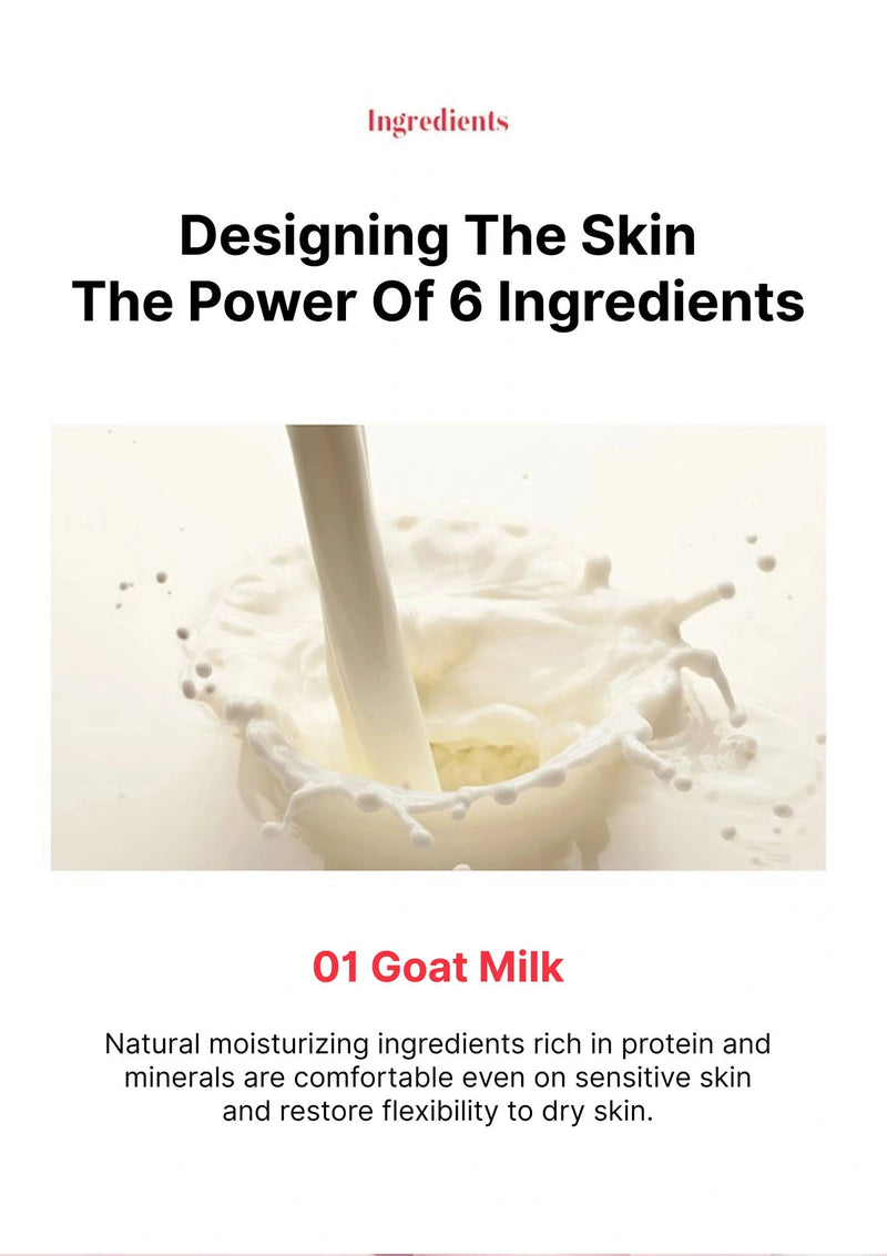 Goat milk being poured with text about ingredients and benefits on a white background
