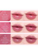 Lipstick shades 'Juicy Fig', 'Love Fig', and 'Fig Jam' displayed on lips with color names and swatches.