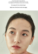 Woman with a neutral expression on a light background, with text about skin aging.