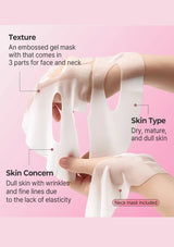 Embossed gel mask with text on texture, skin type, and concerns on a pink background