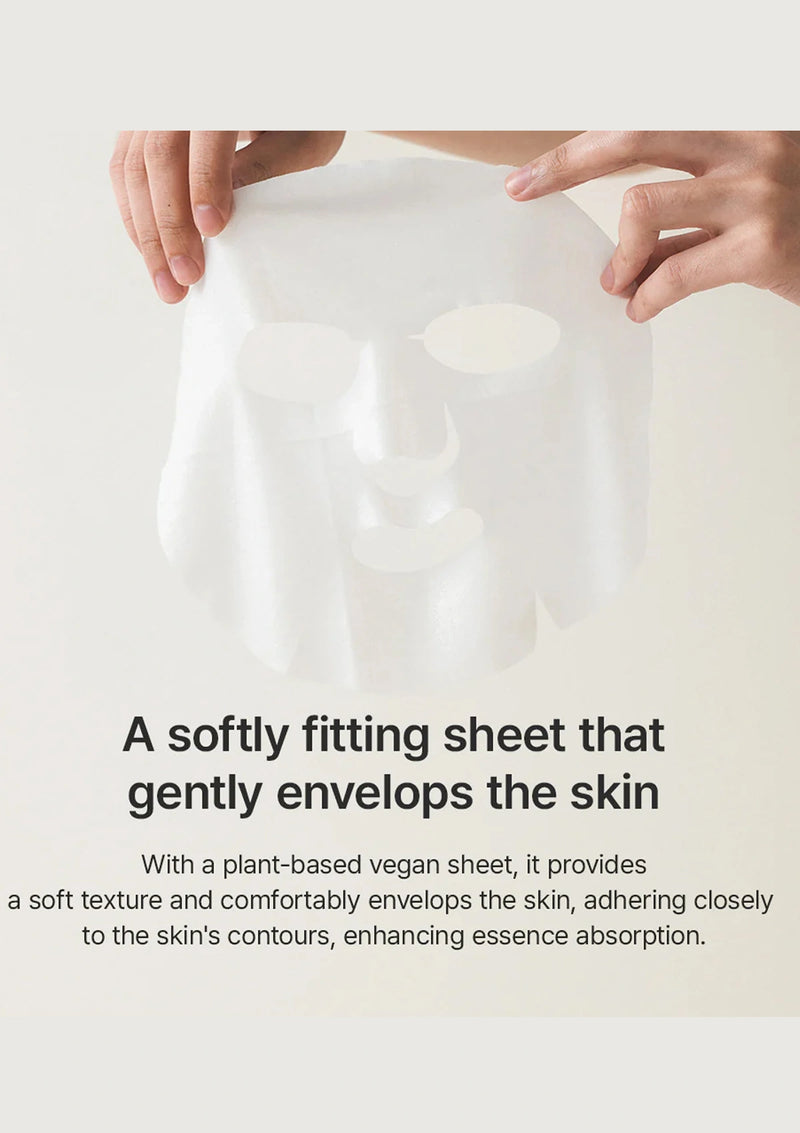 Person holding a softly fitting sheet with text describing its benefits