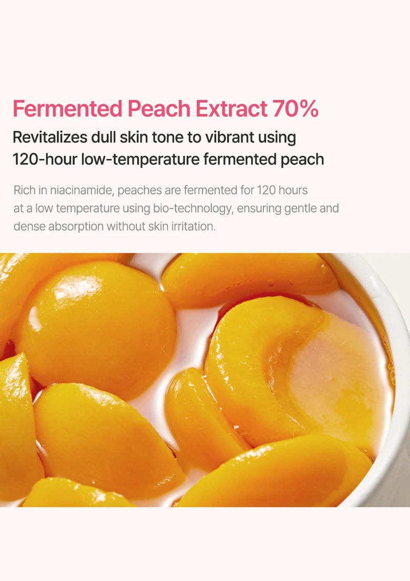 Fermented peach extract product with text about its benefits and preparation method.